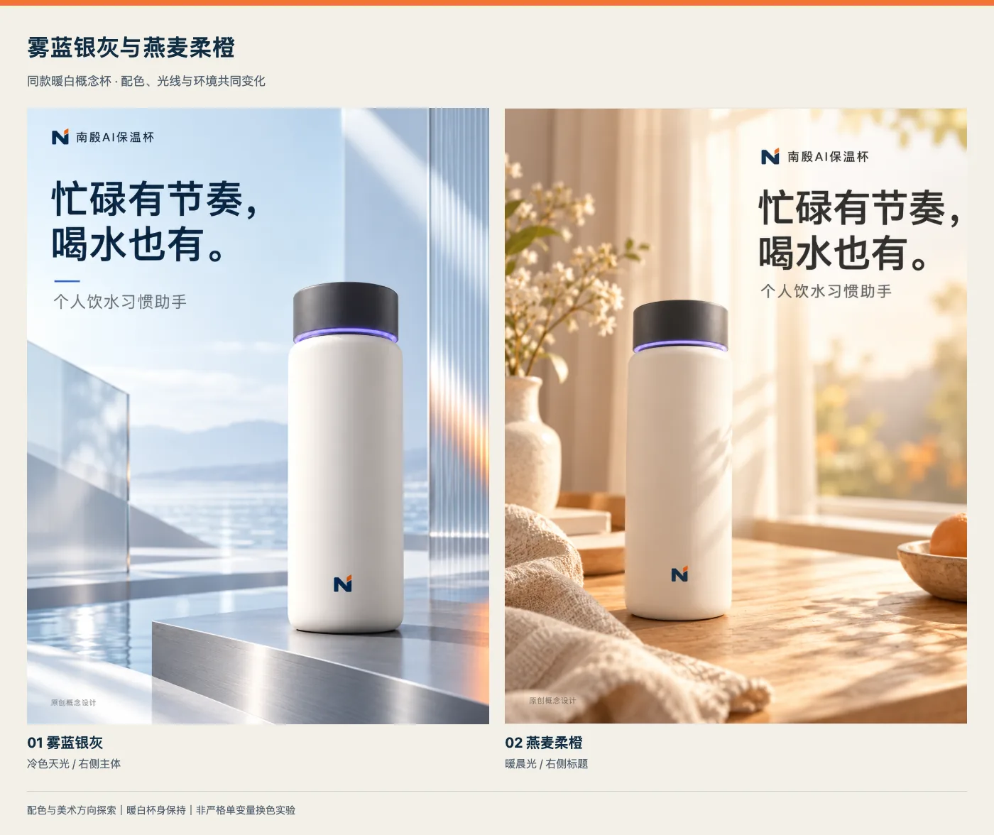 雾蓝银灰与燕麦柔橙配色方向