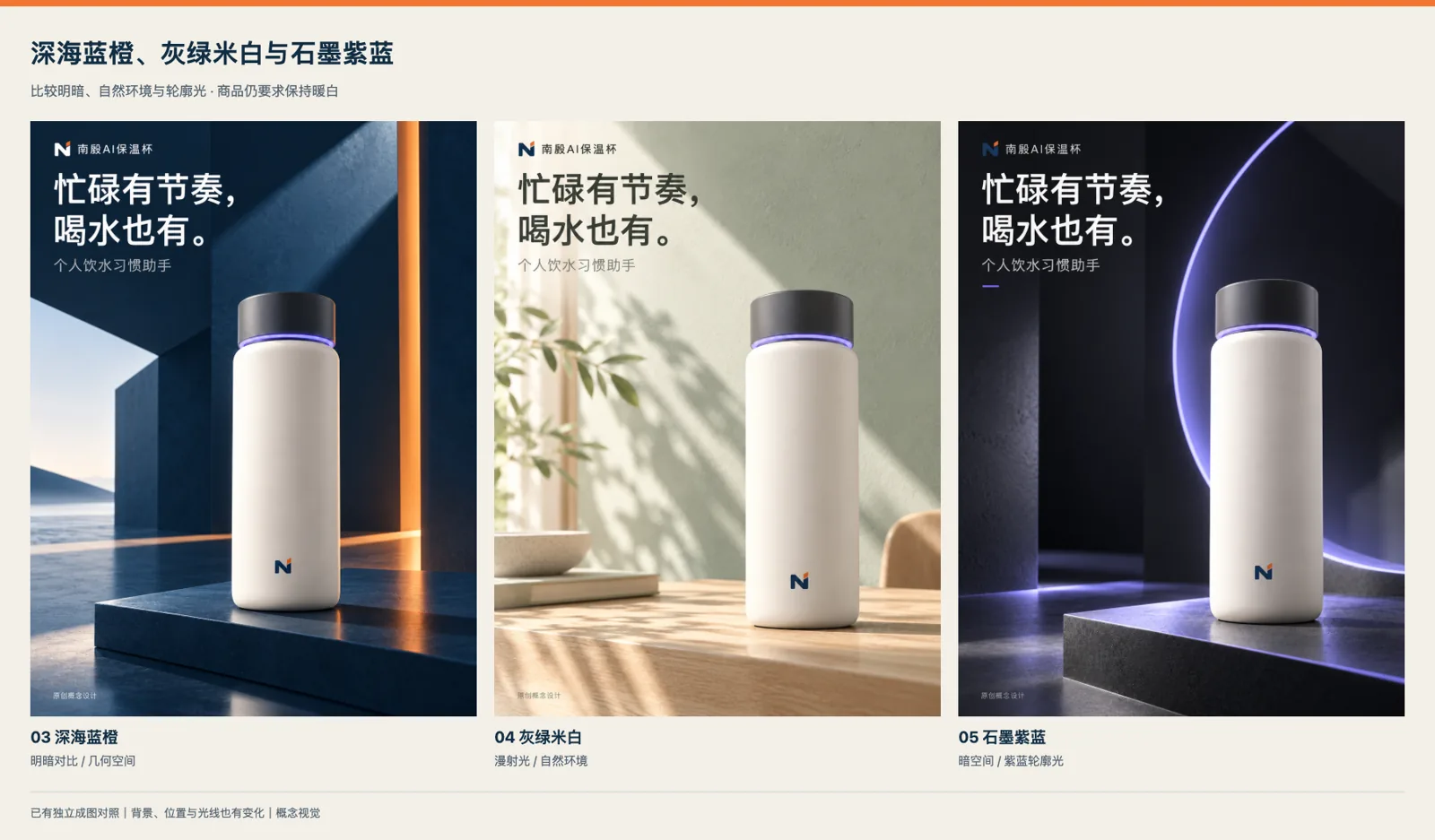深海蓝橙灰绿米白石墨紫蓝三个方向