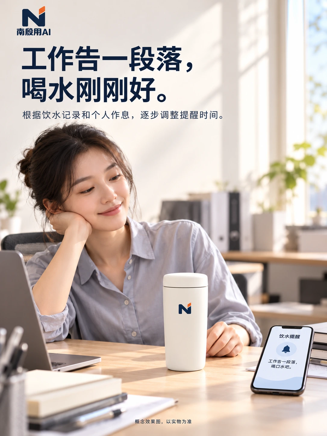 办公提醒样稿:人物、桌面和保温杯的使用关系