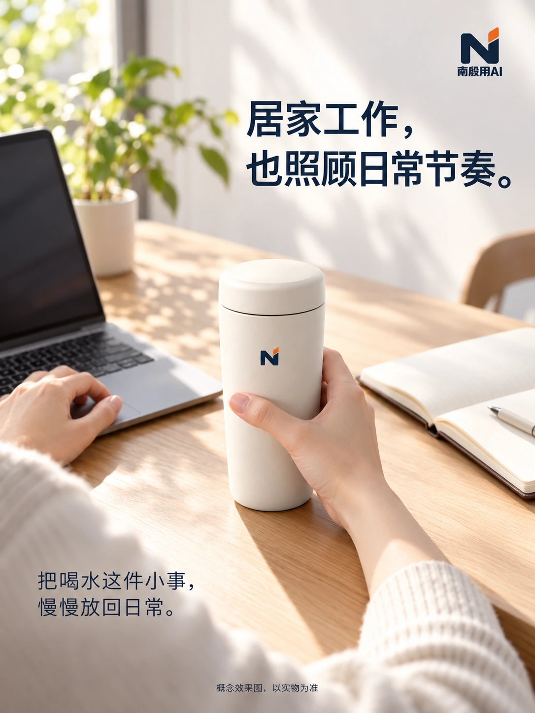 居家工作样稿:手部、电脑和杯子的近距离关系