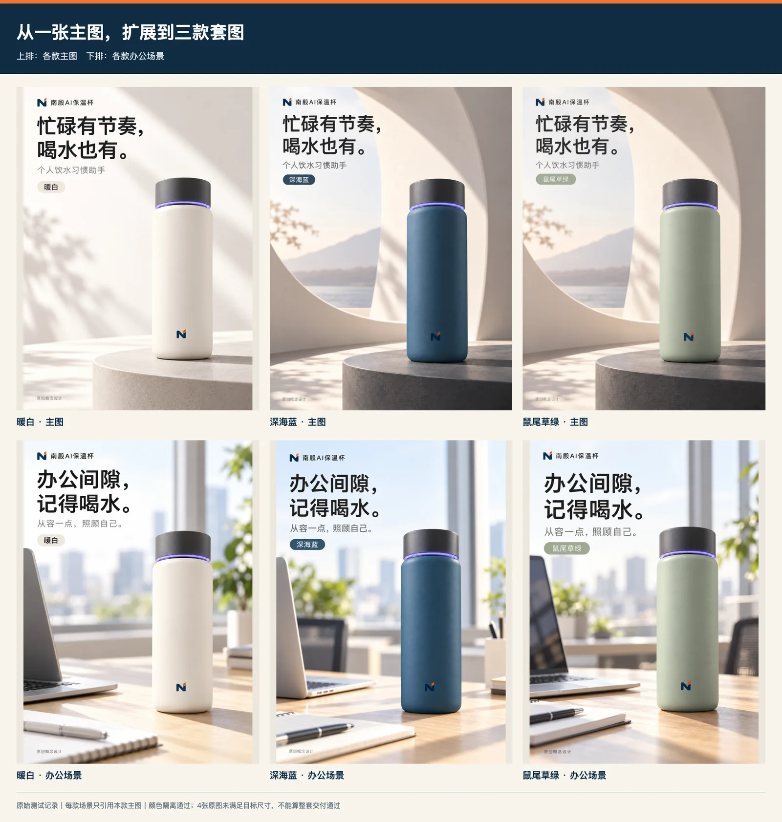 三个SKU各有主图和办公场景的原始测试矩阵