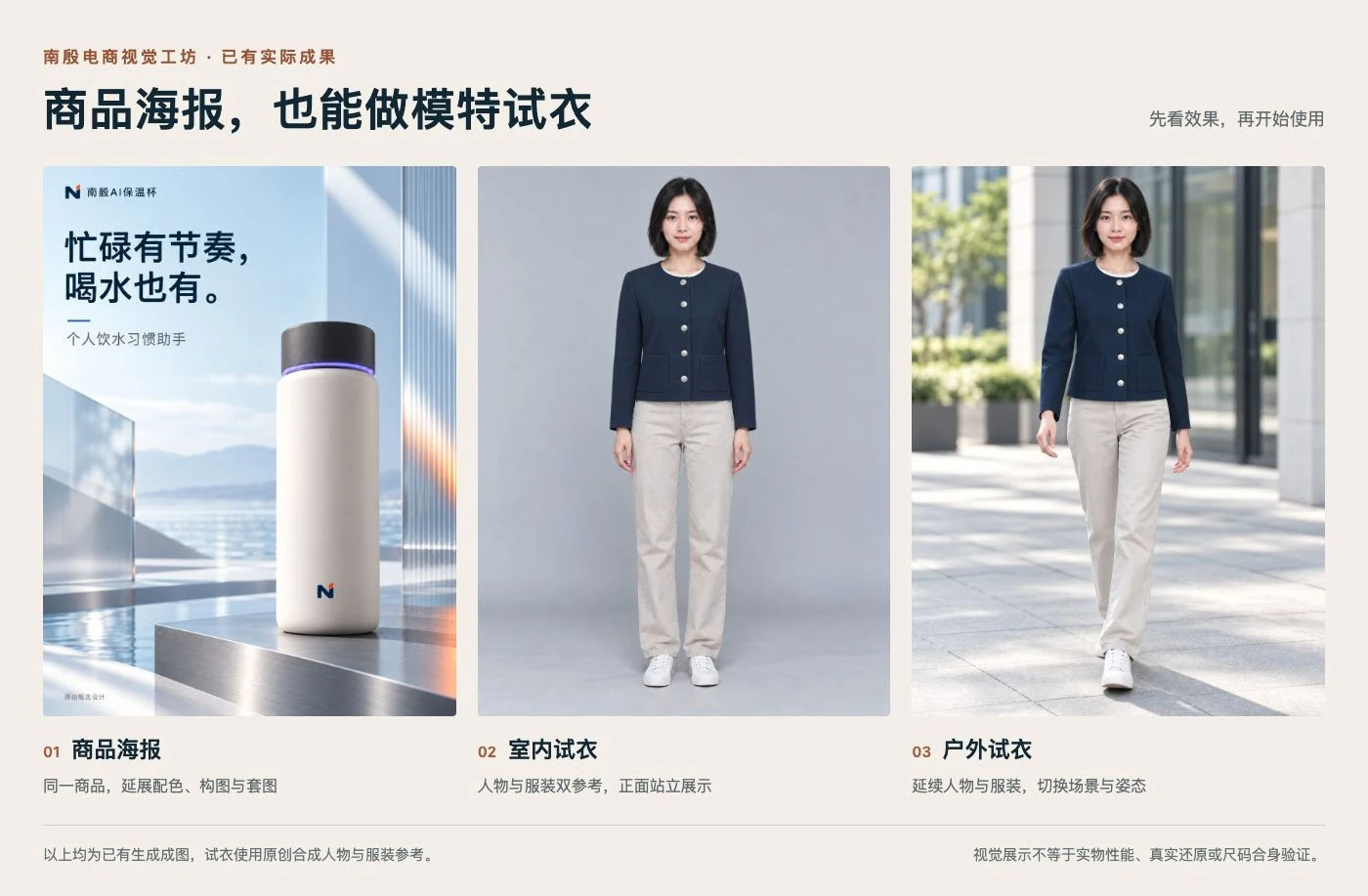 先看成果:商品海报、室内试衣与户外试衣实际成图总览